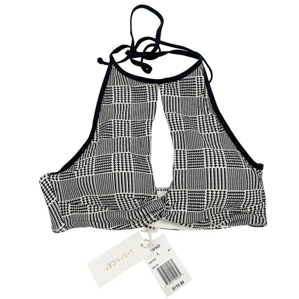 L*Space Jessy High Neck Cutout Bikini Top Best I Ever Plaid Size Large NEW!